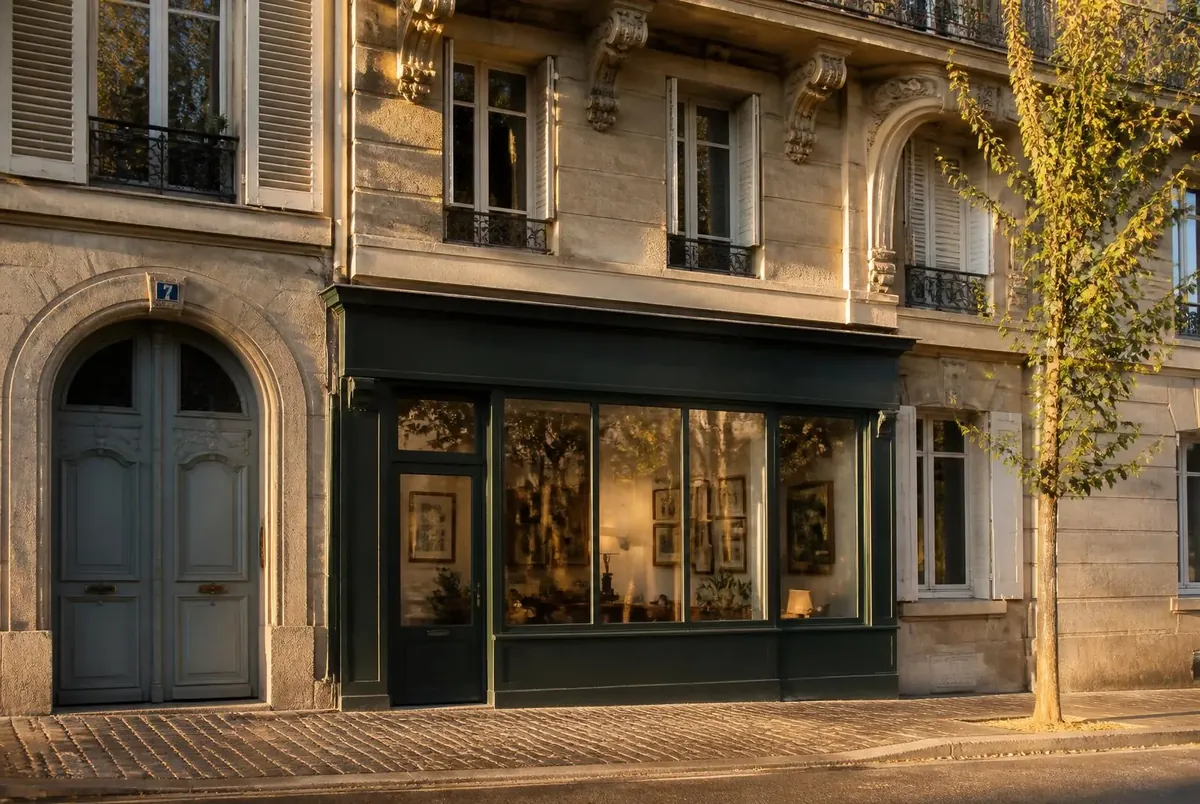 Façade en pierre d’un immeuble ancien abritant une agence immobilière de quartier